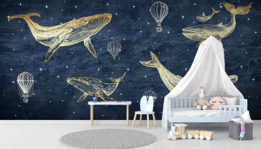 3D Whale Themed Kids Wallpaper