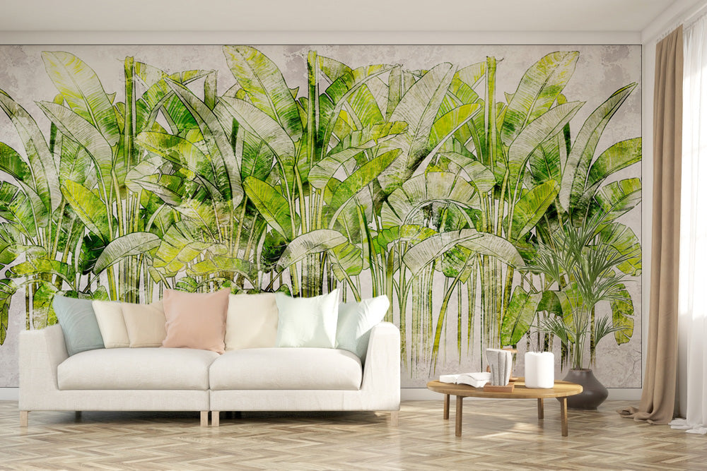 Attractive Green Illustrative Tropical Wallpaper