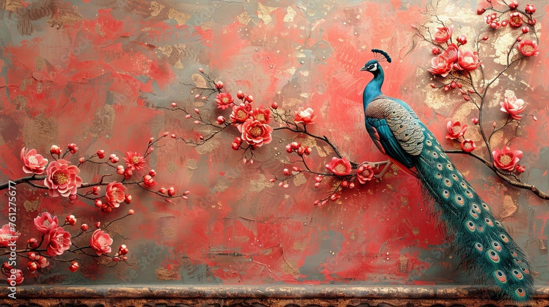Beautiful Floral Textured 3D Peacock Wallpaper