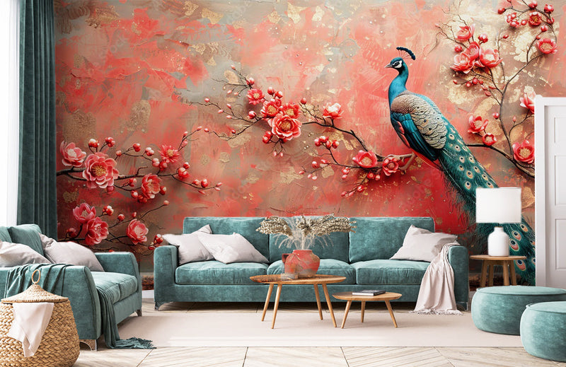 Beautiful Floral Textured 3D Peacock Wallpaper