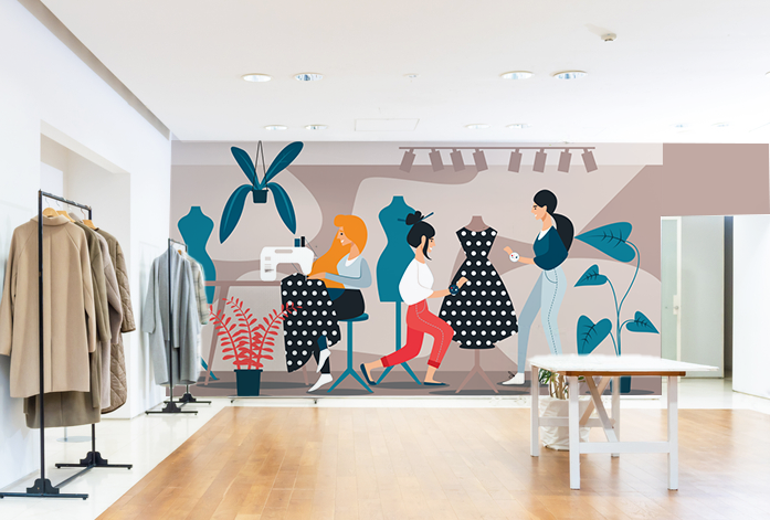 Beautiful Tailoring Animation Themed Boutique Wallpaper