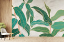 Big Leaves Pattern On Marble Textured Wallpaper