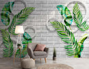 Green Palm Tree Leaves On Brick Tropical Wallpaper