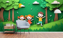 Happy Kids Playing Outdoors 3D Design Wallpaper