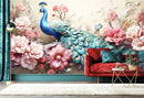 Lovely Floral Themed 3D Peacock Wallpaper