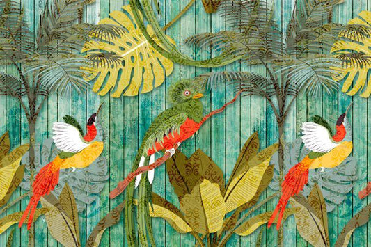 Parrots with Orchids and Hibiscus in Jungle Floral Wallpaper