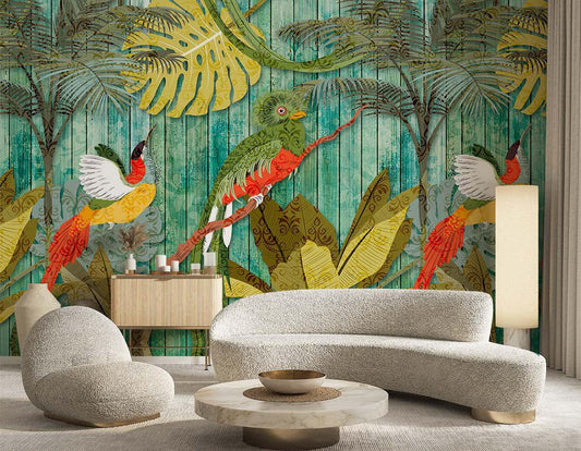 Parrots with Orchids and Hibiscus in Jungle Floral Wallpaper