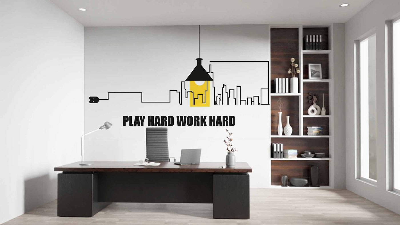 Play Hard and Work Hard Quote Office Wallpaper