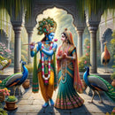 Realistic Lord Krishna and Radha in a Courtyard Wallpaper