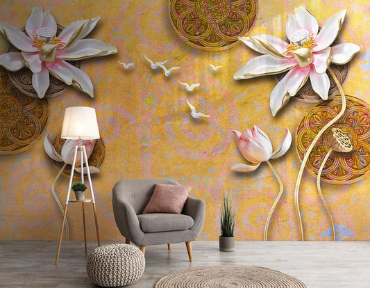Realistic Lotus Pattern Floral Wallpaper