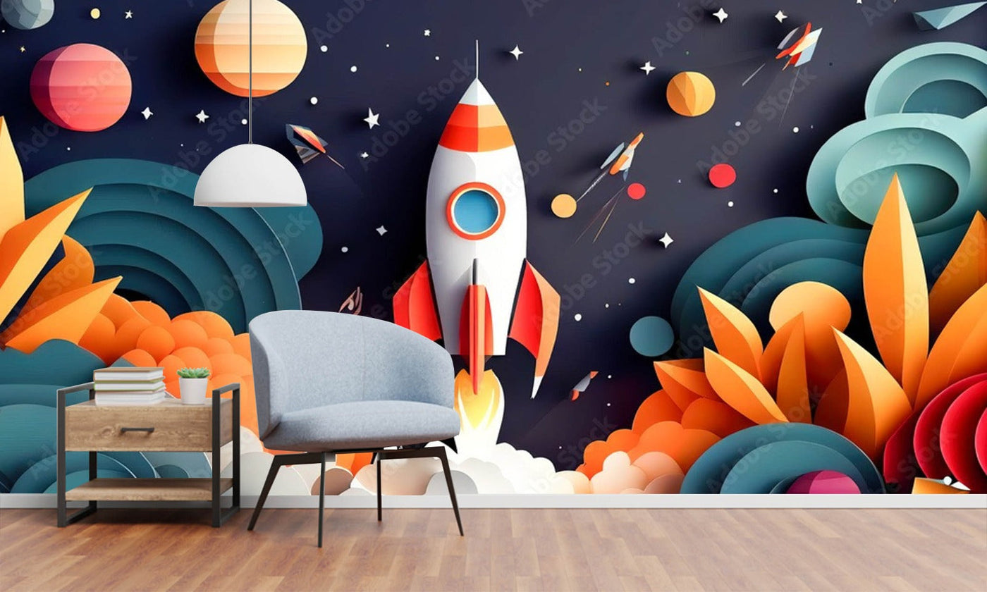Rocket Launch Paper Art 3D Design Wallpaper