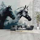 Trees Textured Black And White Horse Wallpaper