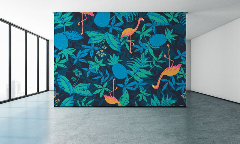 Flamingos On Blue Leaves Tropical Wallpaper