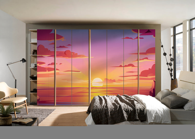 Sun Rays In Pink Clouds Art Self Adhesive Sticker For Wardrobe