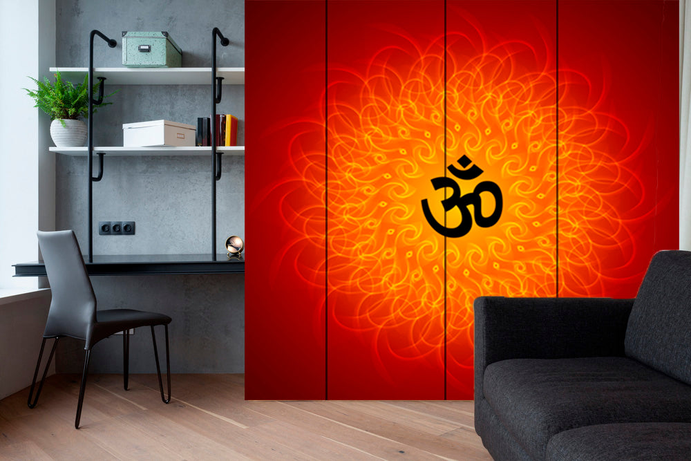 Om Art In Red Flower Self Adhesive Sticker For Wardrobe