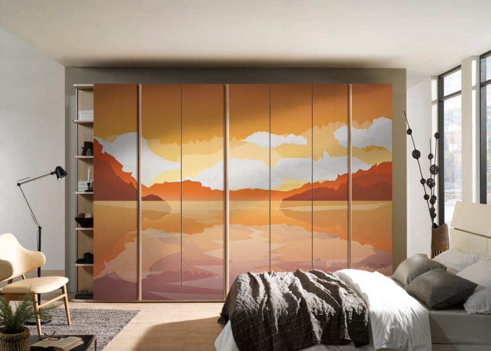 Sketch Of Ocean Mountain Painting Self Adhesive Sticker For Wardrobe