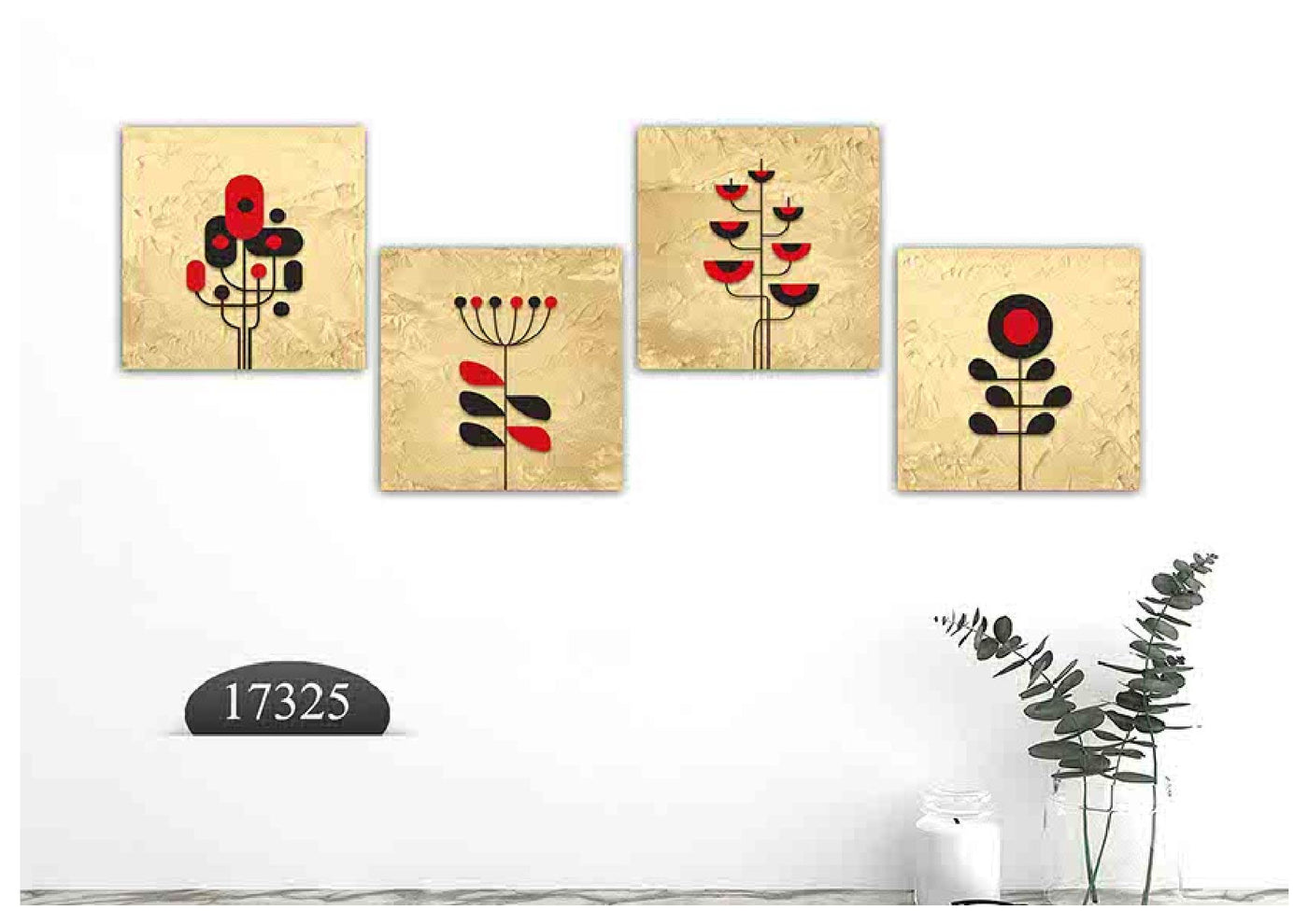 Red Black Leaf Golden Art, Set Of 4