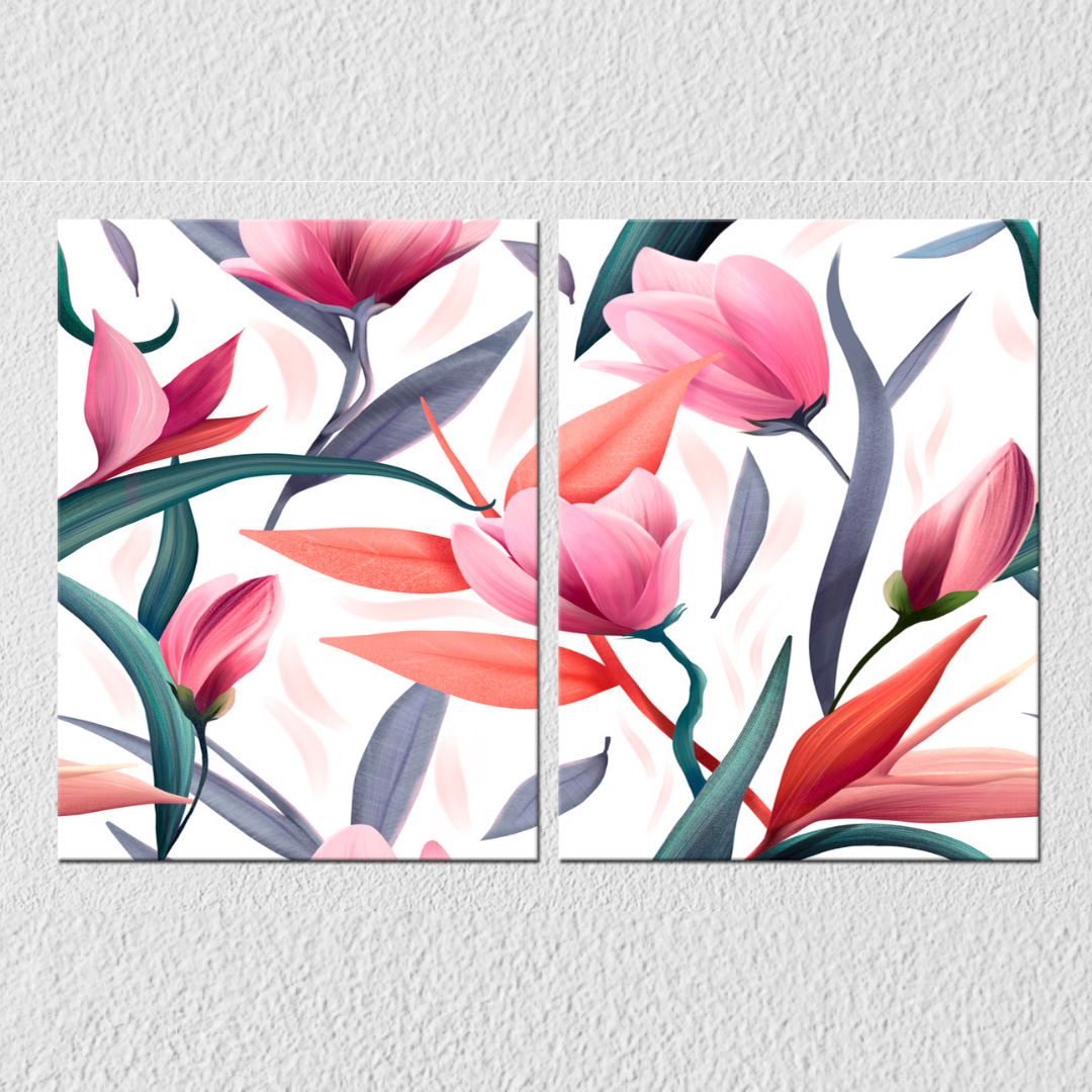 Pink Flower On White Wall Art, Set Of 2