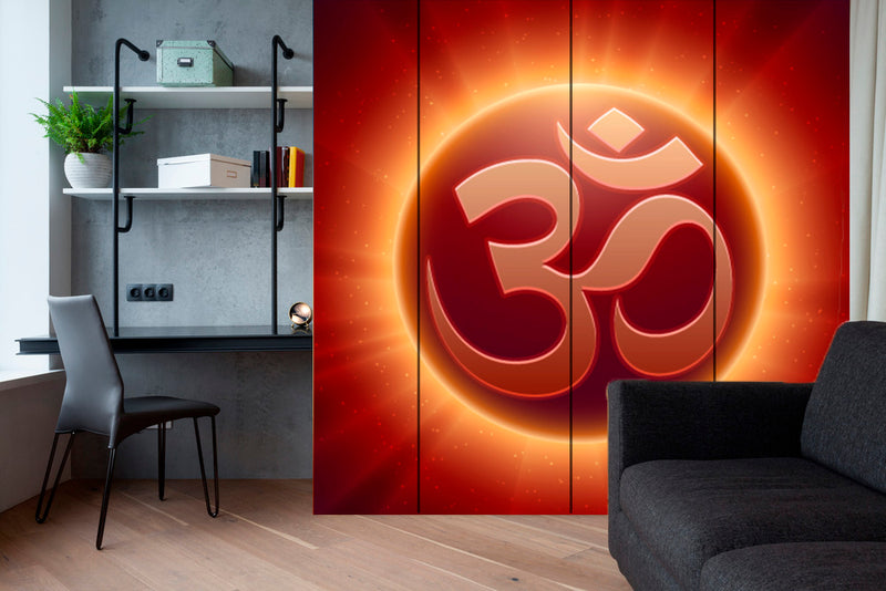 Red Om With Shiny Rays Self Adhesive Sticker For Wardrobe