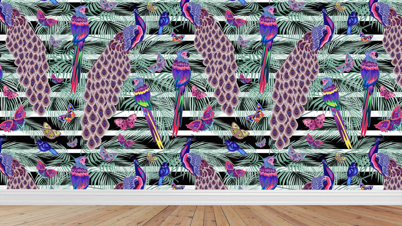 Peacocks Butterfly Parrots Wallpaper