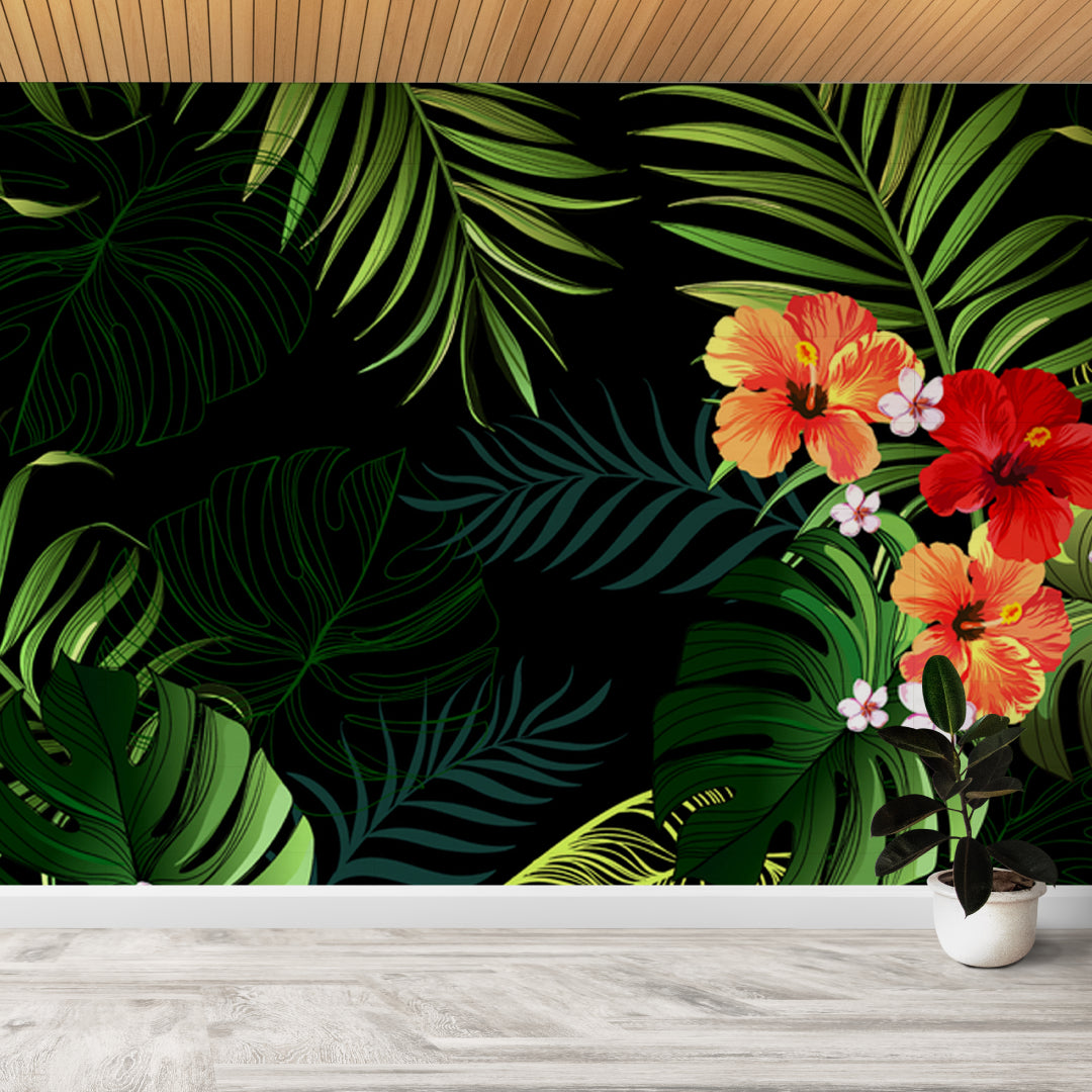 Green Leafs Red Hibicus Wallpaper