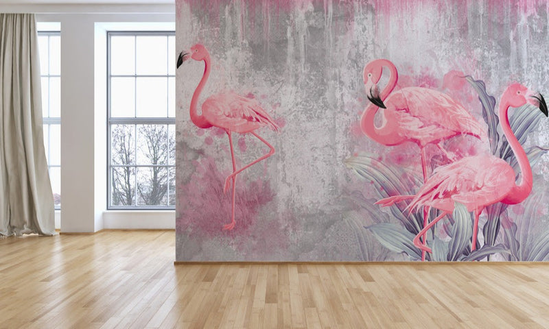 Tropical Flamingos Rustic Wallpaper