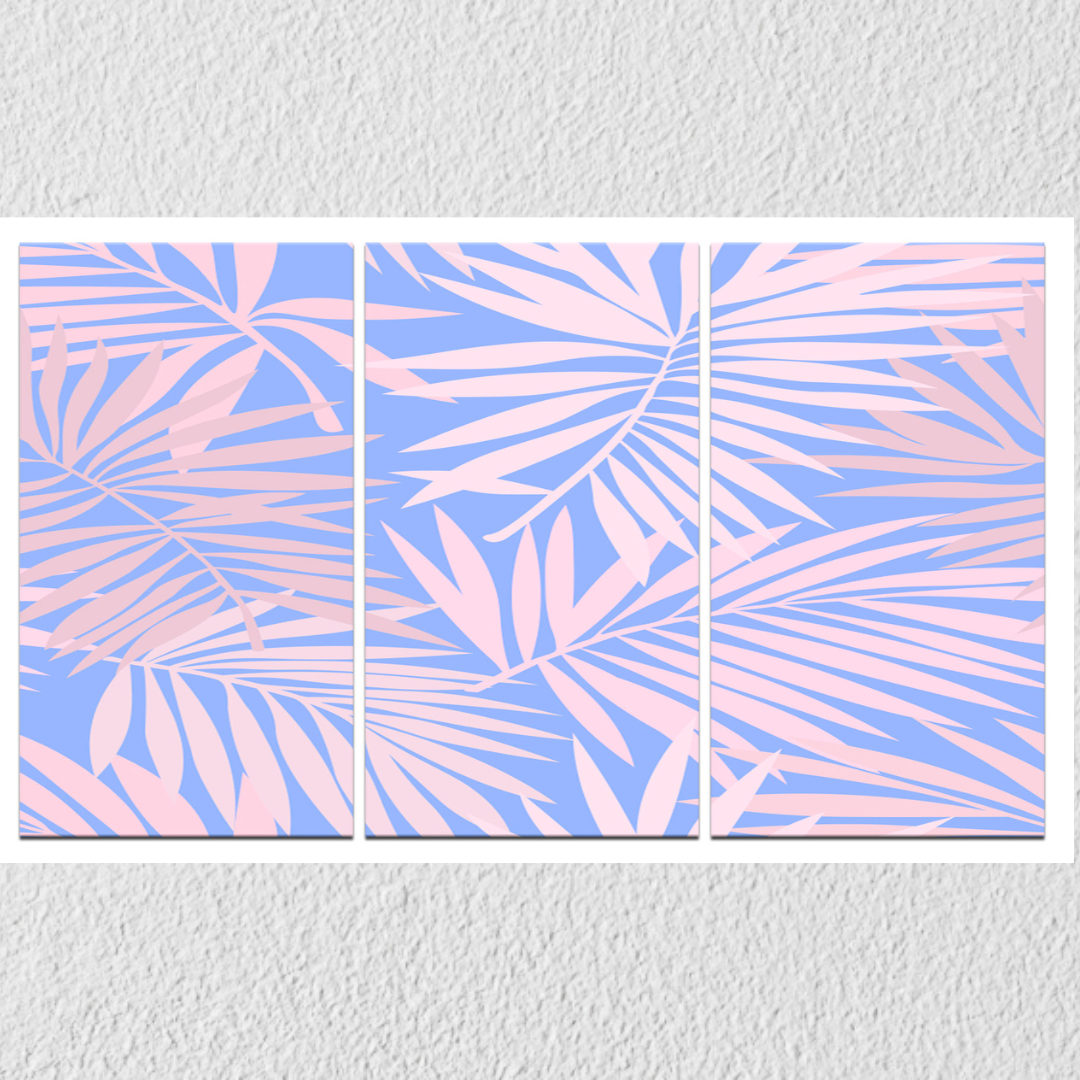 Pink And Blue Palm Leaf Wall Art, Set Of 3