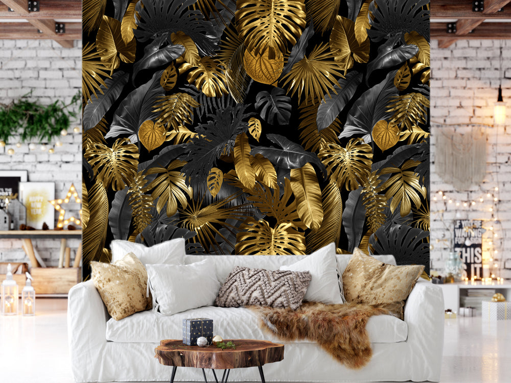 Grey And Gold Background Leaves Tropical Customized Wallpaper