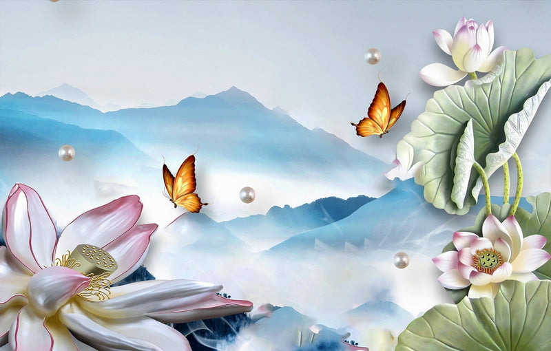 Lotus Butterfly Painting Self Adhesive Sticker For Wardrobe