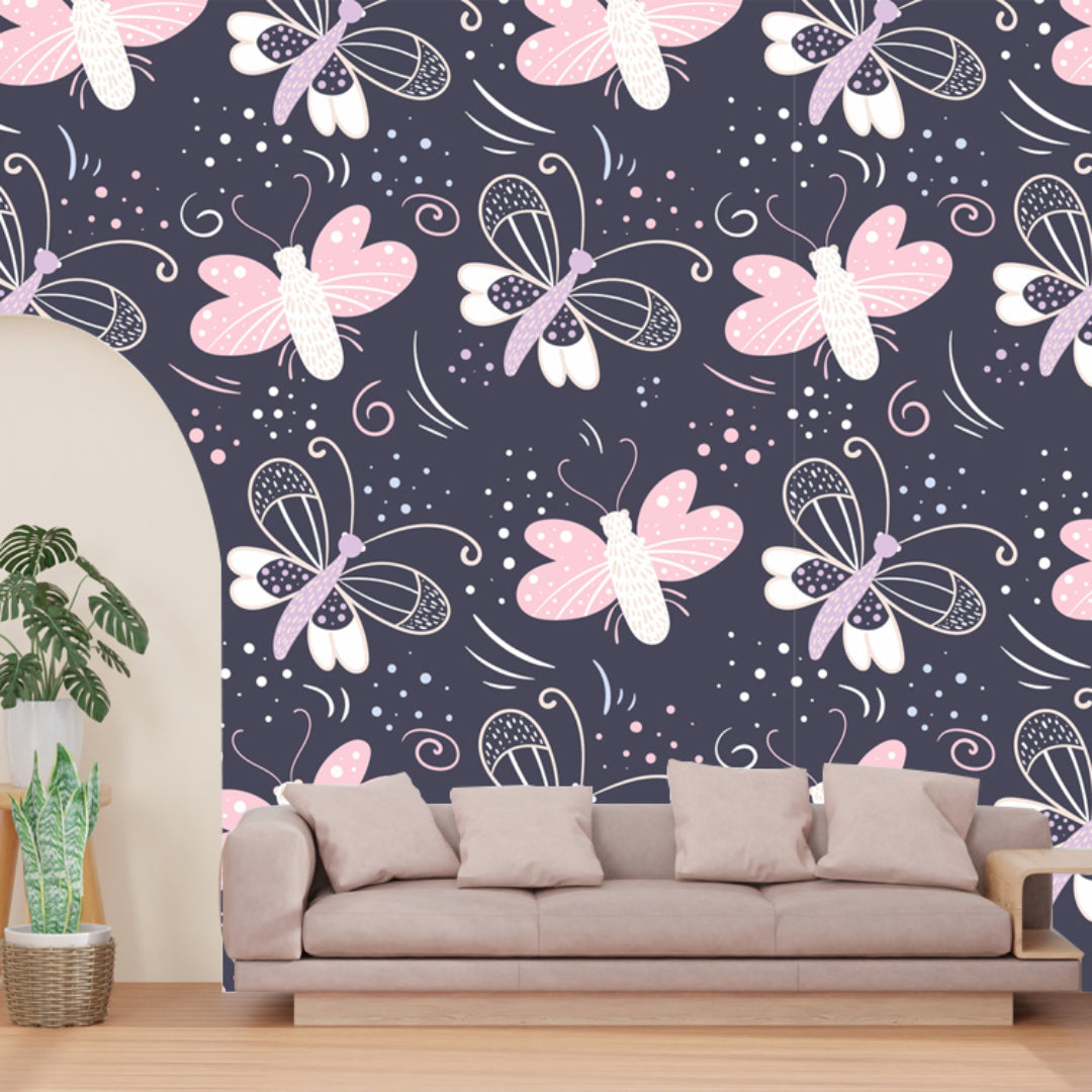 Pink & White Butterfly With Blue Wallpaper