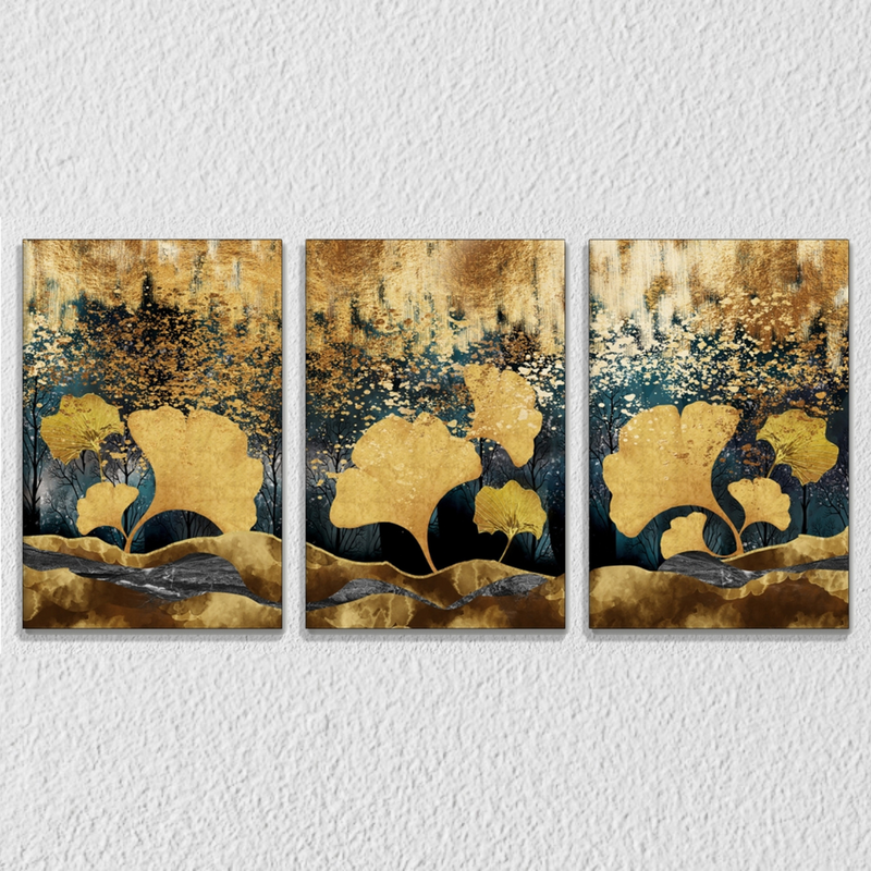 Golden Leafy Canvas, Set Of 3
