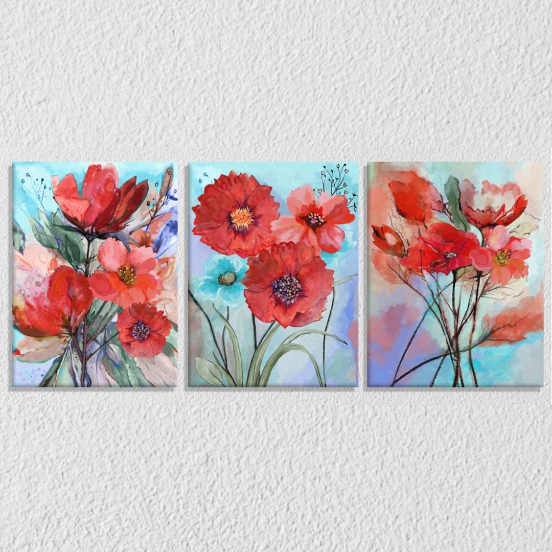 Red Flower Leaves Canvas Set Of 3
