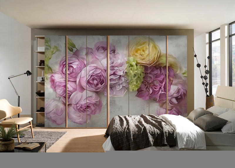 Pink Roses Painting Self Adhesive Sticker For Wardrobe