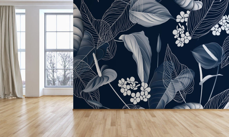 Navy Blue White Lush Tropical Wallpaper
