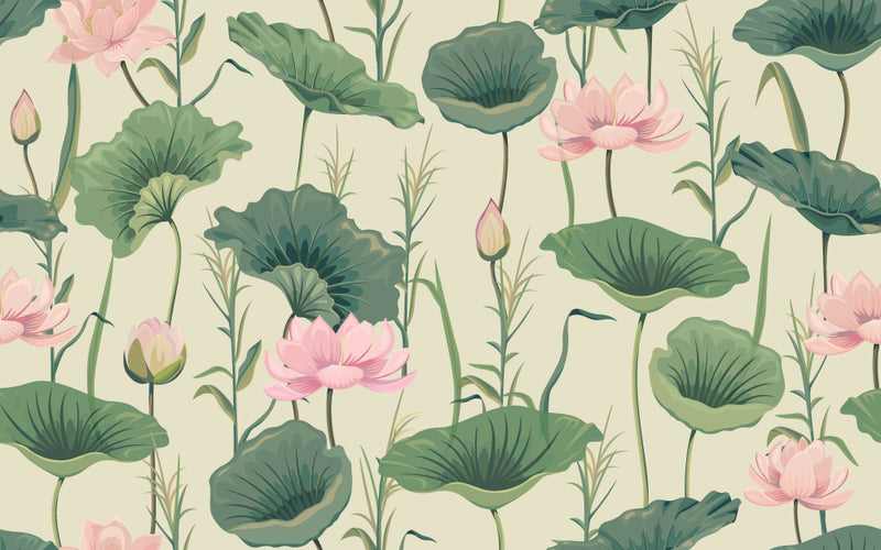 Pink Lotus With Green Leafs Painting Self Adhesive Sticker For Wardrobe