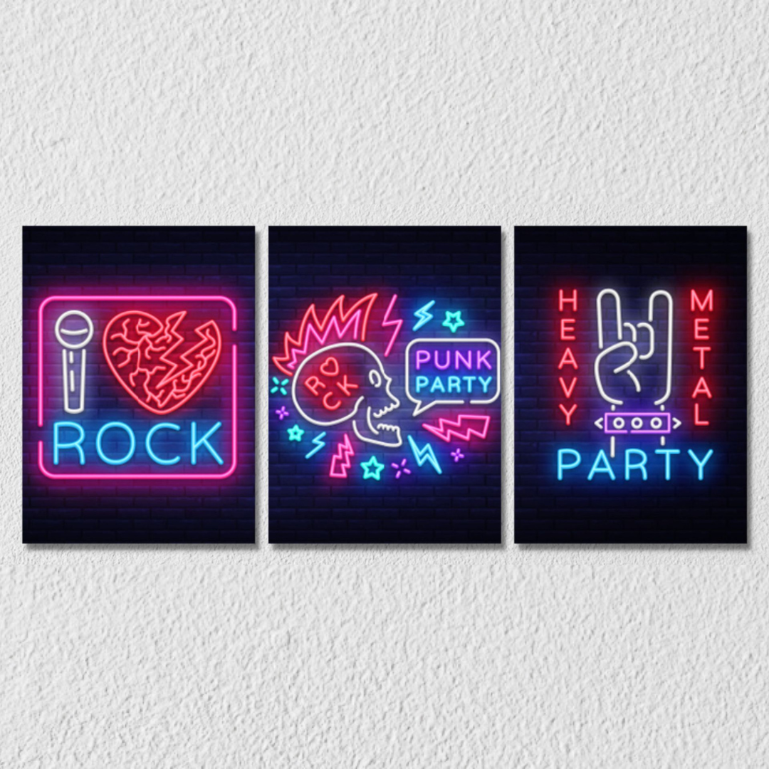 Neon Lit Graphic Wall Art, Set Of 3