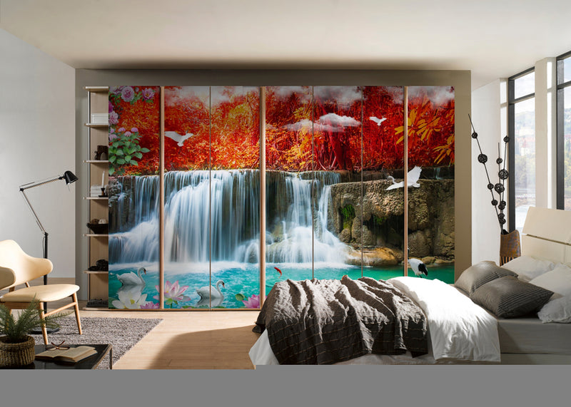 Waterfall From Red Trees Self Adhesive Sticker For Wardrobe