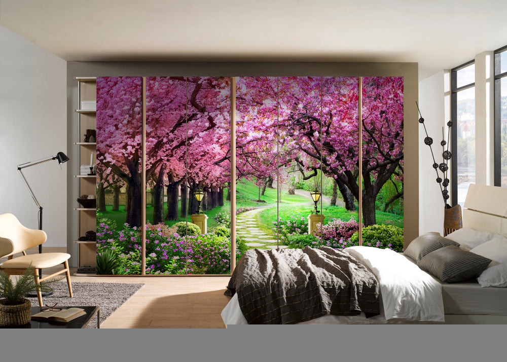 Pink Leafs On Tree Painting Self Adhesive Sticker For Wardrobe