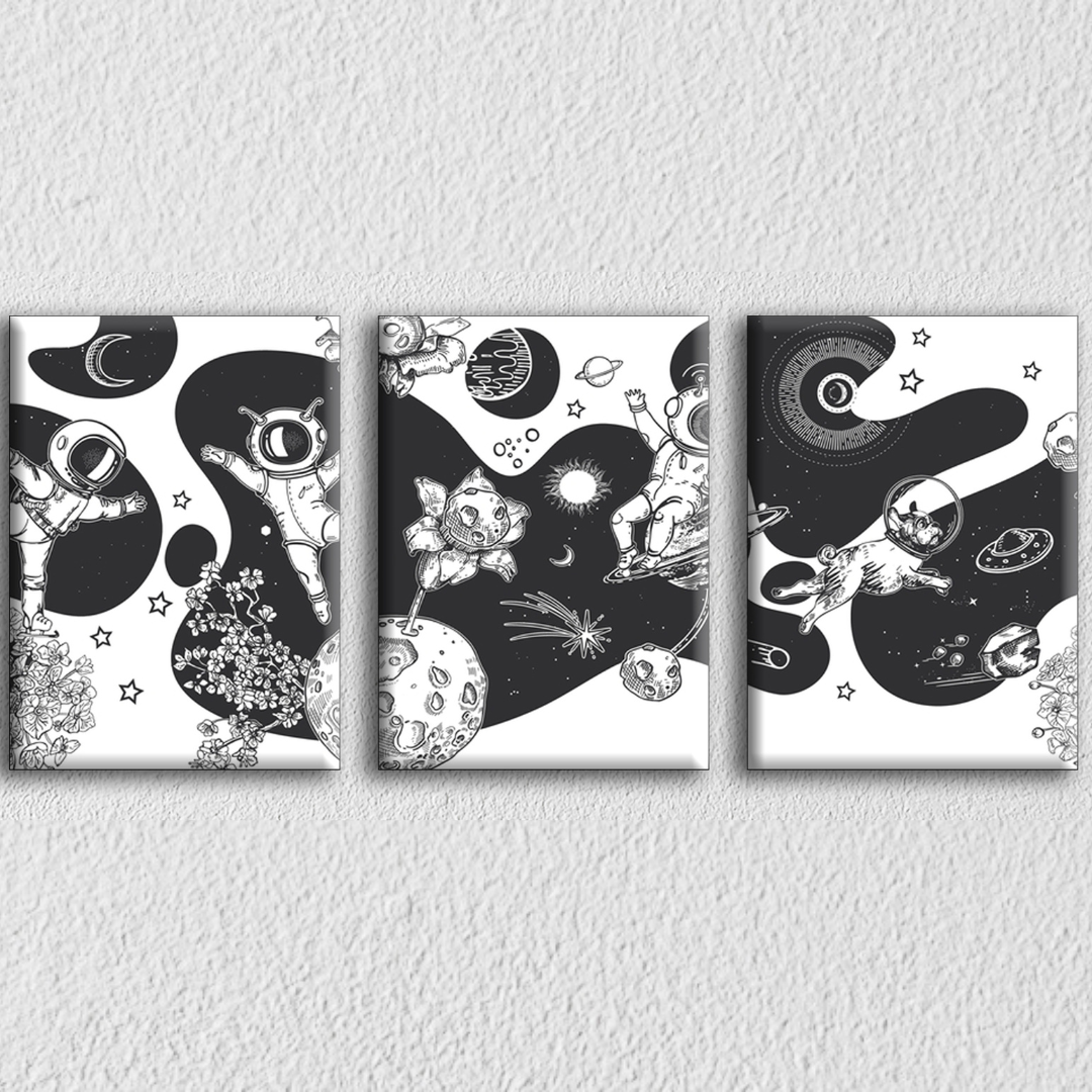 Astronaut Planet Grey Art, Set Of 3