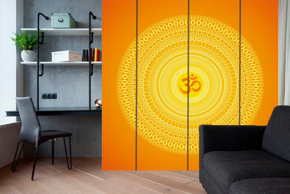 Om In Yellow Mandala Art Self Adhesive Sticker For Wardrobe