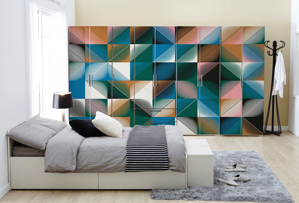 Colourful Design In Square Pattern Self Adhesive Sticker For Wardrobe