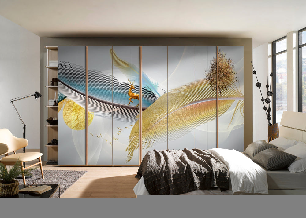 Golden Feather Self Adhesive Sticker For Wardrobe