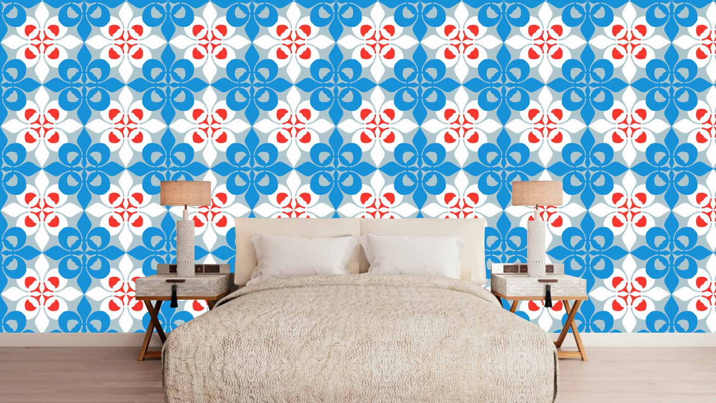 Blue White Red Ethnic Pattern Wallpaper