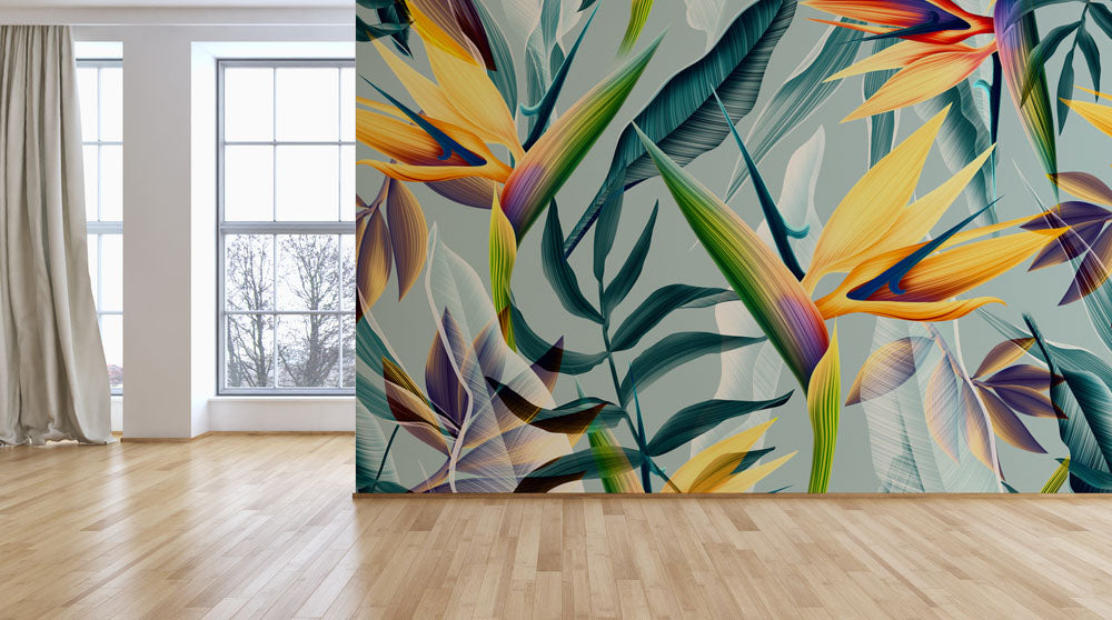 3D Leaves Blue Background Tropical Wallpaper