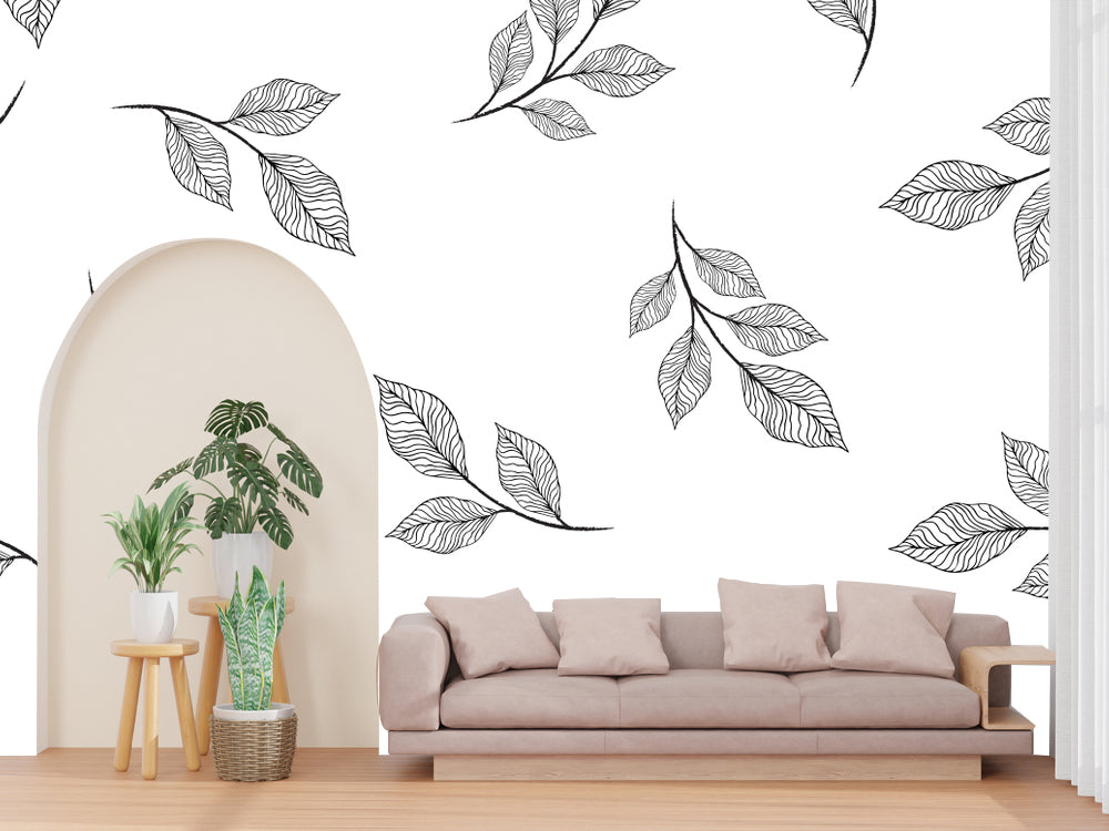 Black Line Art Leaves Customized Wallpaper