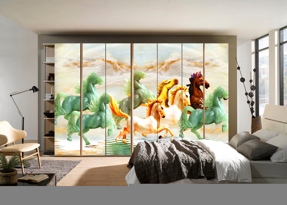 Green Running Horses Self Adhesive Sticker For Wardrobe