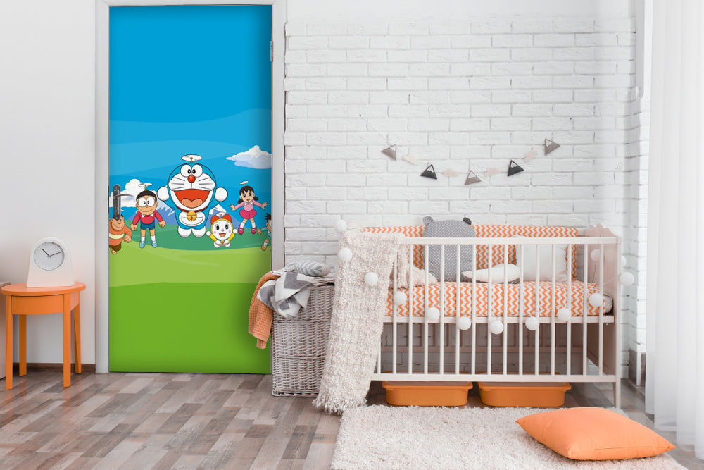 Flying Doremon with Friends Self Adhesive Sticker For Door