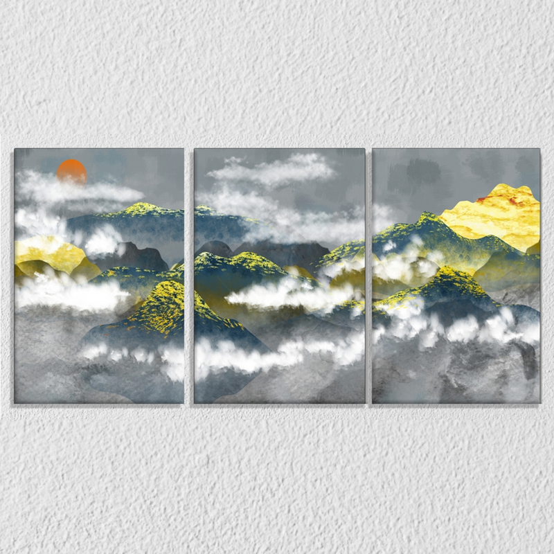 Golden Mountains With Clouds, Set Of 3