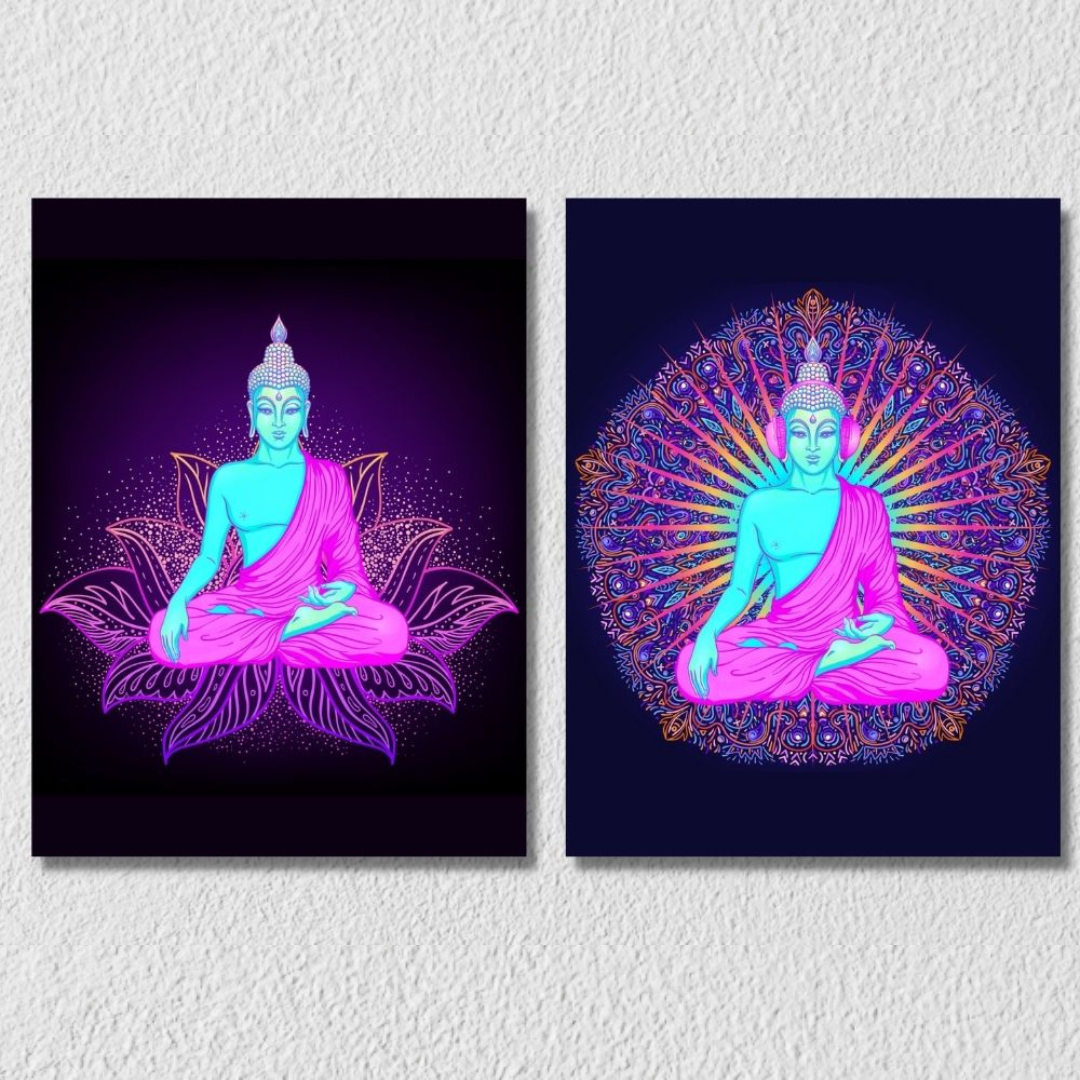 Neon Pink And Blue Buddha, Set Of 2