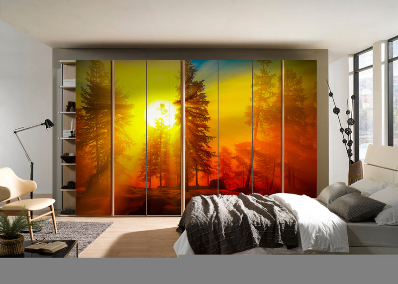 Sunrays From Trees Painting Self Adhesive Sticker For Wardrobe